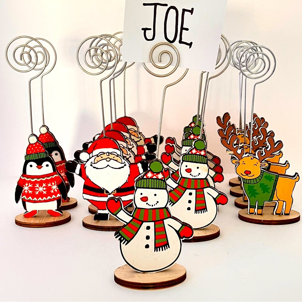 Christmas Photo, place card holders, Santa, reindeer, snowman & penguin